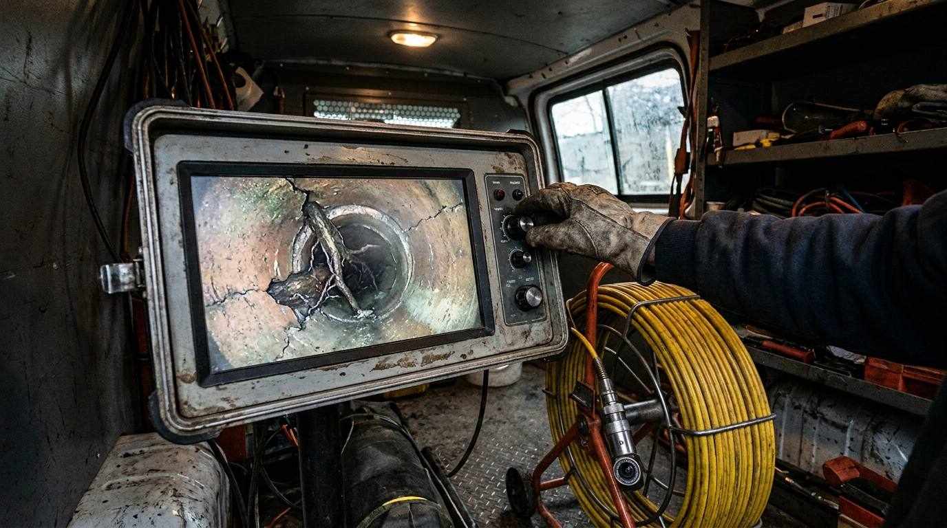 Sewer camera monitor showing root intrusion inside a clay pipe during an inspection