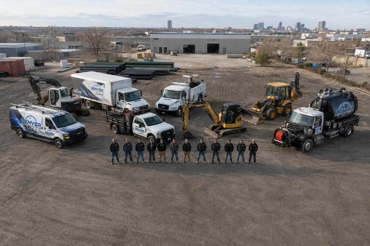 Denver Sewer and Water fleet, crew, and equipment lined up at the Denver yard with the downtown skyline in the background