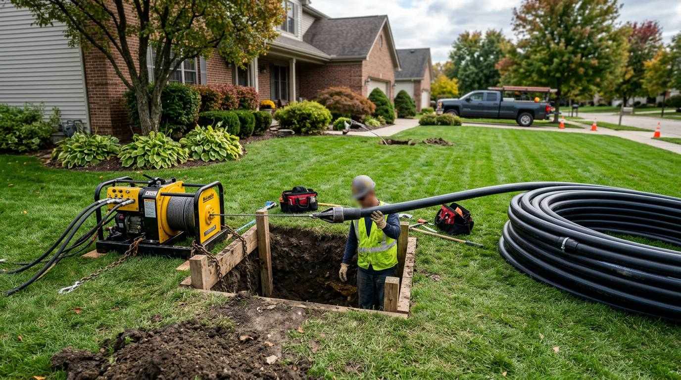 Trenchless pipe bursting equipment at a launch pit with HDPE pipe on a residential lawn