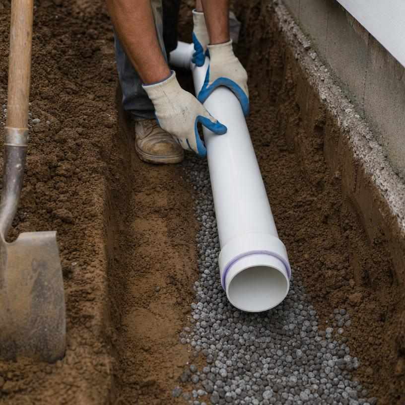 New PVC sewer lateral being set on gravel bedding in an open trench in Denver