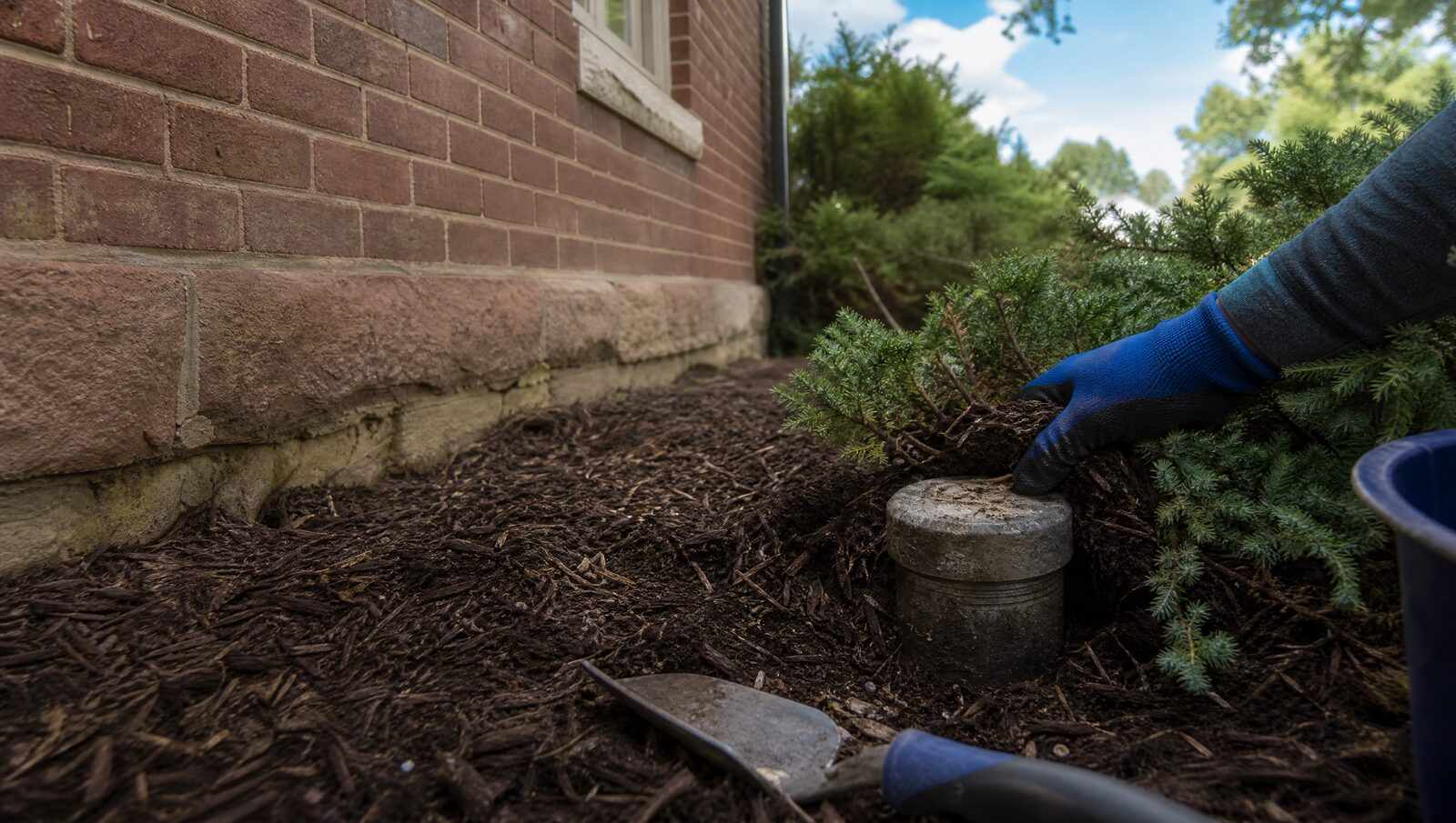 A weathered sewer cleanout cap at grade beside a Denver brick foundation, mostly hidden under bark mulch and a shrub being pulled back by hand.